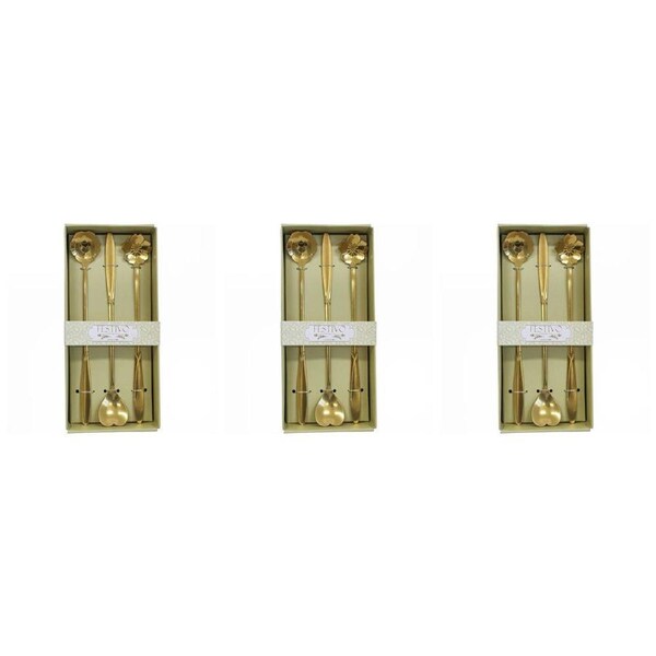 3x 3pc LVD Heart/Flower Metal Decorative Spoon Individual Cutlery 18x8.5cm Gold