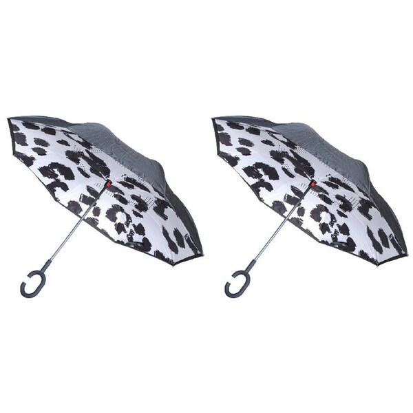 2x LVD Cow Print Umbrella C-Handle Wind Resistant Sun/Rain Shade 107cm BLK/WHT
