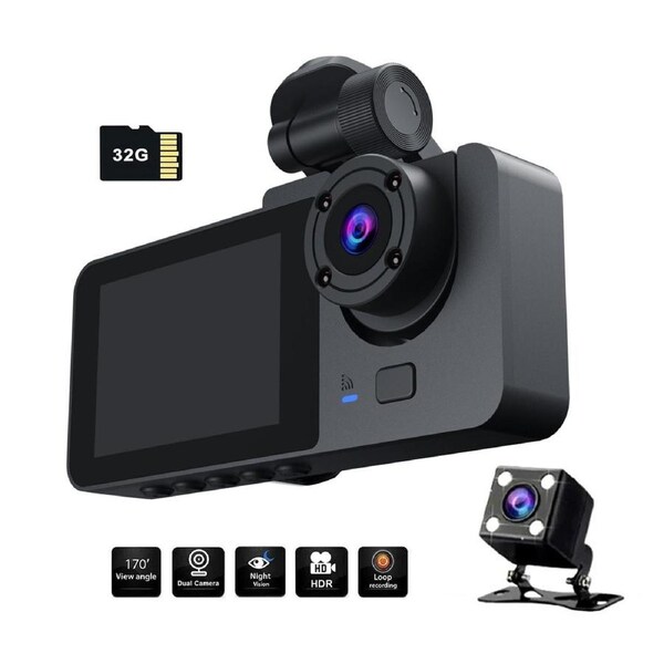 3-Channel Car DVR HD 1080P Vehicle Dash Cam Motion Detection 32GB Card Included