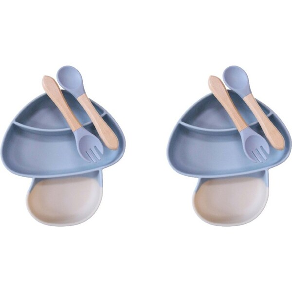 2x LVD Silicone Baby Feeding Mushroom Bowl/Spoon/Fork Set Wood Handle 18x18.5cm