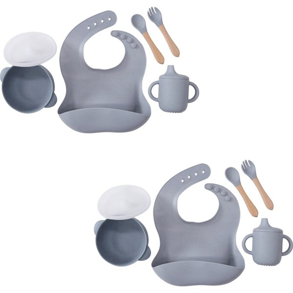 2x LVD Silicone Baby Toddler Feeding Dinnerware Set Bib Spoon/Fork Cup Bowl Grey
