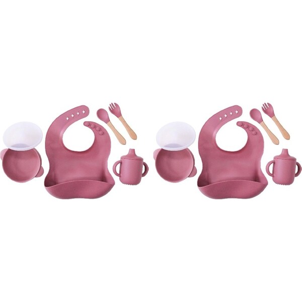 2x LVD Silicone Baby/Toddler Feeding Bowl/Bib/Cutlery/Cup Dinner Set Mulberry