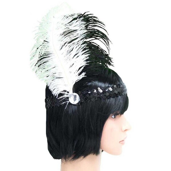 Black Sequin 20s Headband with Feathers