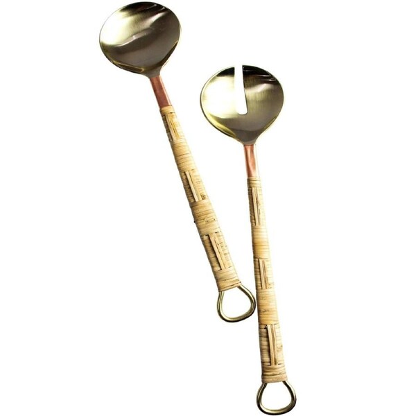 2pc LVD Salad Servers Rattan Brass w/ Woven Handle Home Kitchen Serveware
