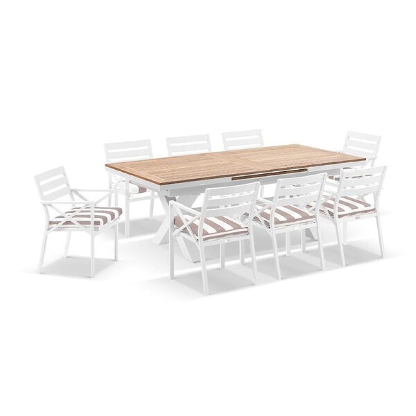 Austin Outdoor 2.2m - 3m Extension Teak and Aluminium Table with 10 Kansas Dining Chairs in Sunbrella - Outdoor Dining Settings
