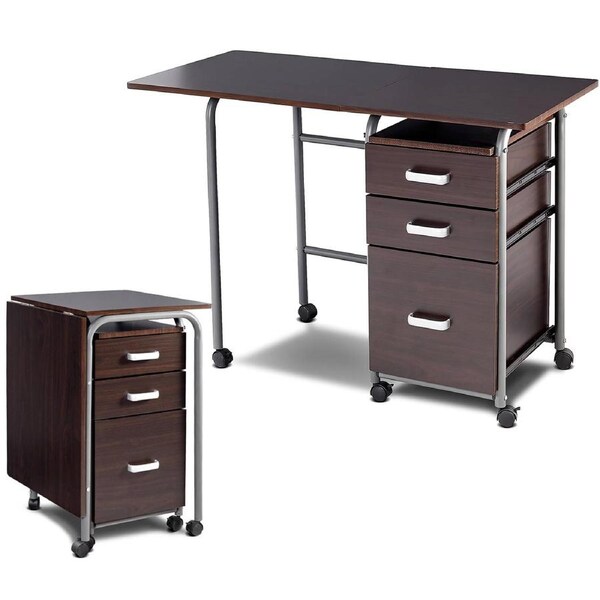 Giantex Folding Computer Desk Rolling Laptop Table w/3 Drawers & Lockable Universal Wheels Study Office Brown