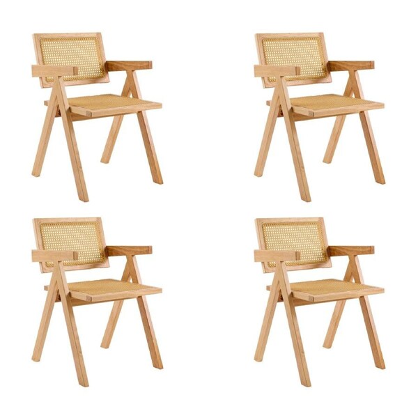 Korina Carver 4pc Set Dining Arm Chair Solid Timber Wood Rattan Wicker Natural
