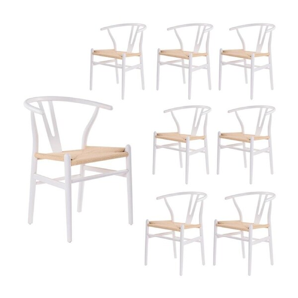 Ark Wishbone 8pc Set Dining Chair Replica Hans Wenger Beech Timber Wood White