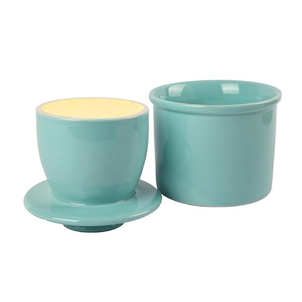 Catzon French Ceramic Butter Jar with Waterline Counter and Lid for Kitchen Household-Green