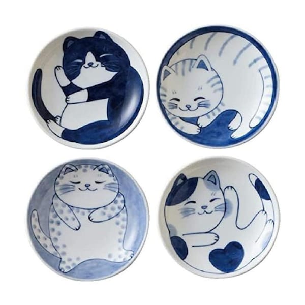 Catzon 4Pcs Japanese Small Plate Ceramic Cute Cats Design Seasoning Plates