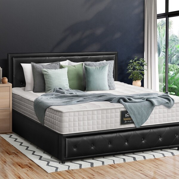Oikiture Bed Frame Queen Size Gas Lift Storage Mattress Base Black Leather