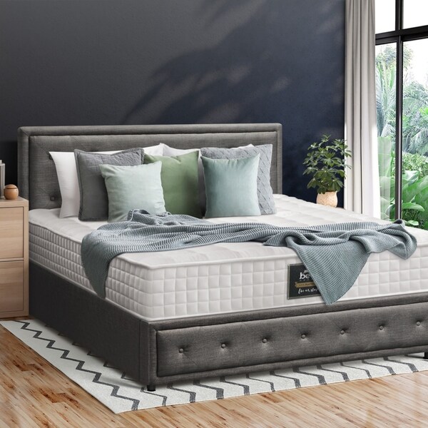 Oikiture Bed Frame Queen Size Gas Lift Storage Mattress Base Grey Fabric