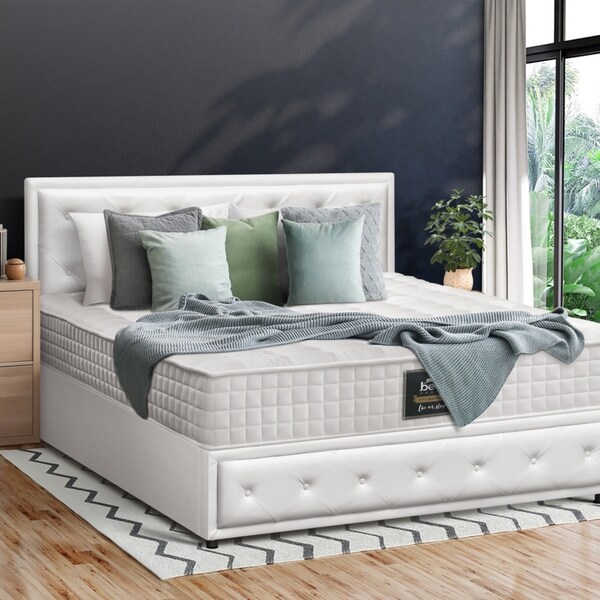 Oikiture Bed Frame Queen Size Gas Lift Storage Mattress Base White Leather