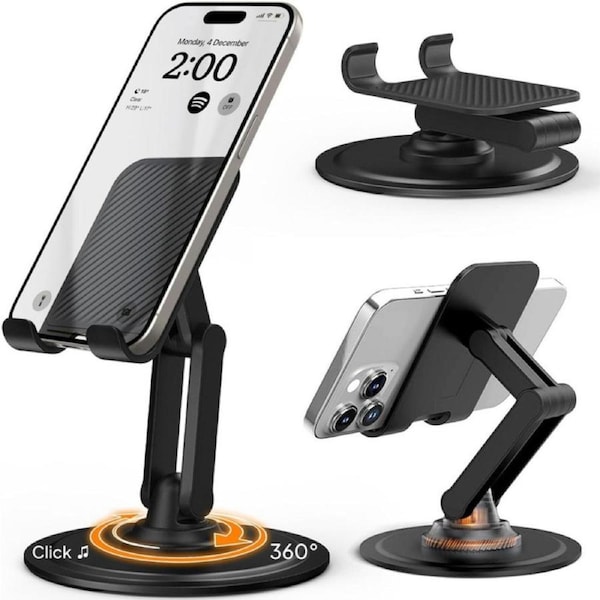 Cooper 360° Phone Holder - Adjustable Cell Phone Stand for Desk - 360° Click-Rotating, Multi-Angle, Non-Slip Metal Base, Foldable & Portable - iPhone Stand for Desk, Cell Phone Stand Holder