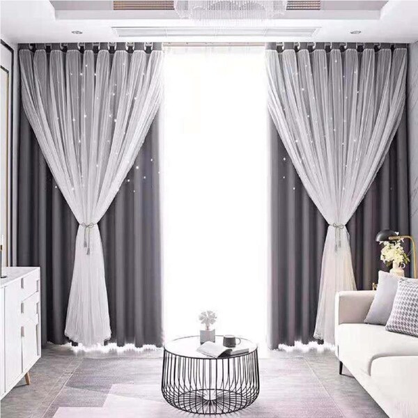 Nevenka 2 Panels Double Layer Stars Blackout Curtains for Bedroom Window-Darkgray 59W X 98L inch