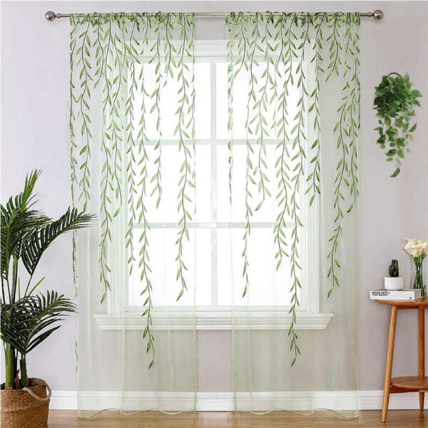 Nevenka 2 Panels Sheer Curtains Rod Pocket Willow Leaves Print for Living Room-Green 39W X 78L inch