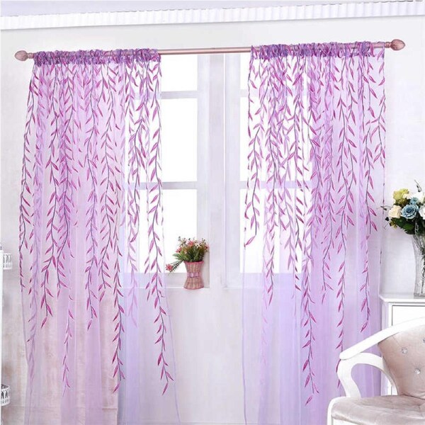 Nevenka 2 Panels Sheer Curtains Rod Pocket Willow Leaves Print for Living Room-Purple 39W X 106L inch