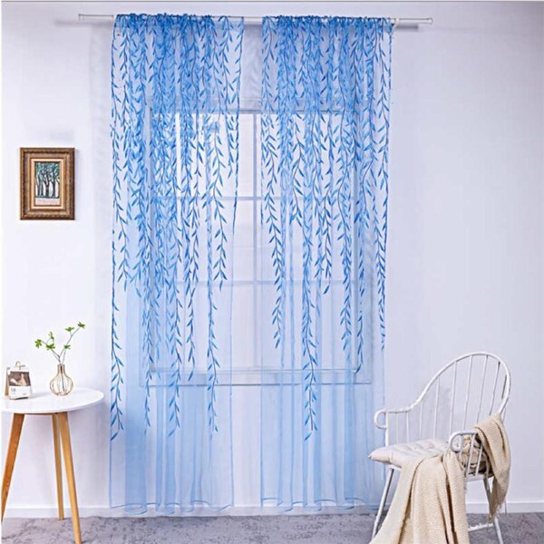 Nevenka 2 Panels Sheer Curtains Rod Pocket Willow Leaves Print for Living Room-Blue 39W X 106L inch