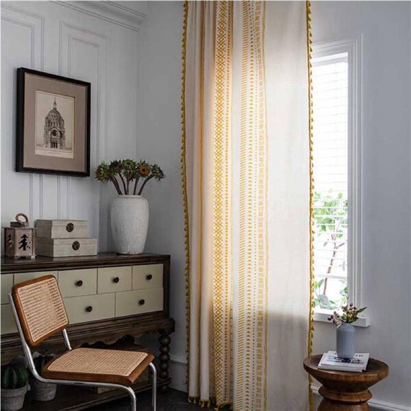Nevenka 2 Panels Cotton Linen Semi Blackout Grommet Curtains with Tassels-3Yellow 59W X 63L inch
