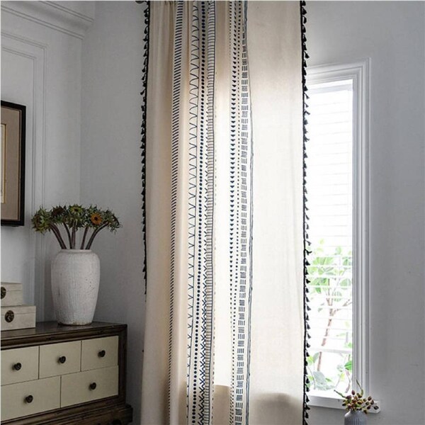 Nevenka 2 Panels Cotton Linen Semi Blackout Grommet Curtains with Tassels-3NavyBlue 59W X 94L inch