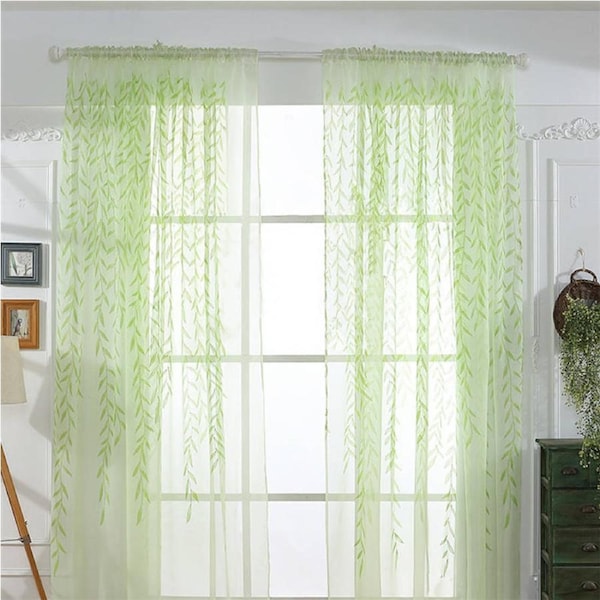 Nevenka 2 Panels Leaves Embroidered Sheer Rod Pocket Drapes For Living Room-Green 55W X 94L inch