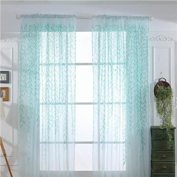 Nevenka 2 Panels Leaves Embroidered Sheer Rod Pocket Drapes For Living Room-Blue 39W X 78L inch