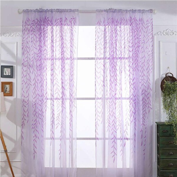 Nevenka 2 Panels Leaves Embroidered Sheer Rod Pocket Drapes For Living Room-Purple 55W X 94L inch