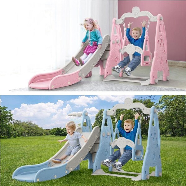 170cm Keezi Kids Slide and Swing Set Long Outdoor Playground Toys Basketball Hoop Blue