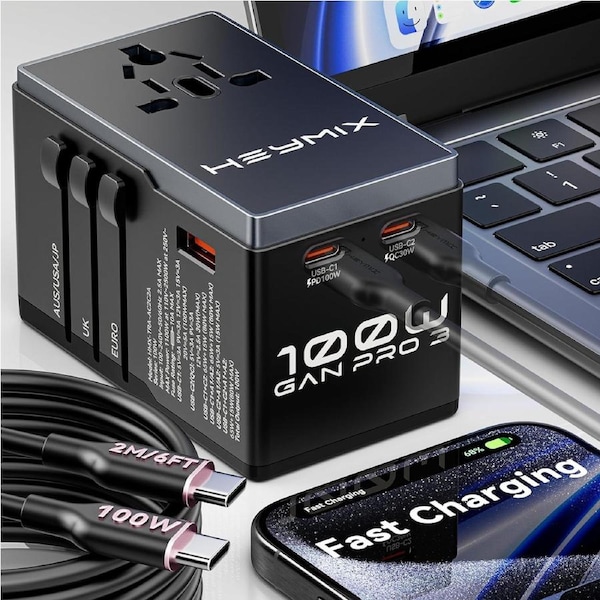 HEYMIX Universal Travel Adapter, 100W GaN International Power Adapter Travel GaN Charger with 100W USB C to C Cable, EU/US/UK/Bali