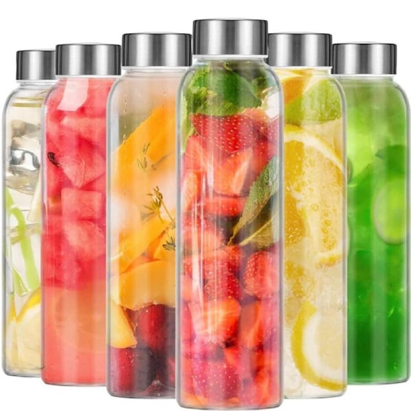 AYHOJIO 18oz Glass Water Bottle Set of 6 - Reusable, BPA Free, Leak Proof Drinking Bottles with Stainless Steel Lid - Clear Glass Water Bottle for Home, Office, Gym & Outdoors