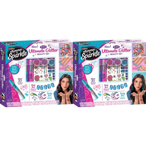 2x Shimmer 'n Sparkle Kids/Children 3in1 Ultimate Glitter Beauty Kit Set 8y+