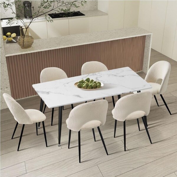 Oikiture 120cm Rectangle Dining Table with 6PCS Dining Chairs Sherpa White