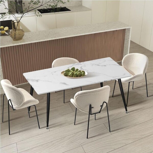 Oikiture 120cm Rectangle Dining Table with 4PCS Dining Chairs Sherpa White
