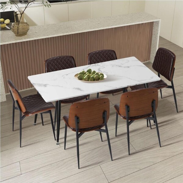 Oikiture 120cm Rectangle Dining Table with 6PCS Dining Chairs PU Walnut