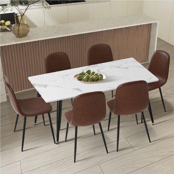 Oikiture 120cm Rectangle Dining Table with 6PCS Dining Chairs PU Brown