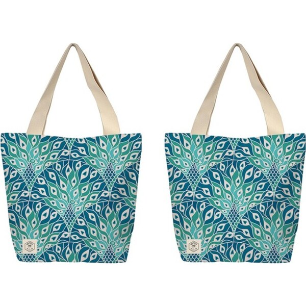 2x Good Vibes Beach Bag With Inner Pocket Zip Peacock Paradise Print 50x42x15cm