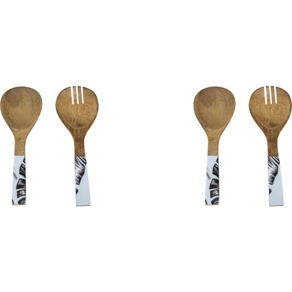 2x 2pc Good Vibes Salad Servers Wood Enamel Detail Sorrento Palm Print 24.5cm