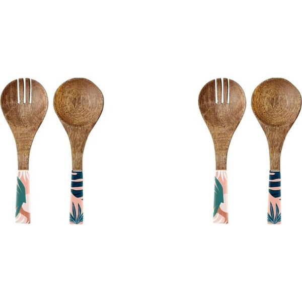 2x 2pc Good Vibes Salad Servers Tableware Wood Enamel Blush Palm Print 24cm