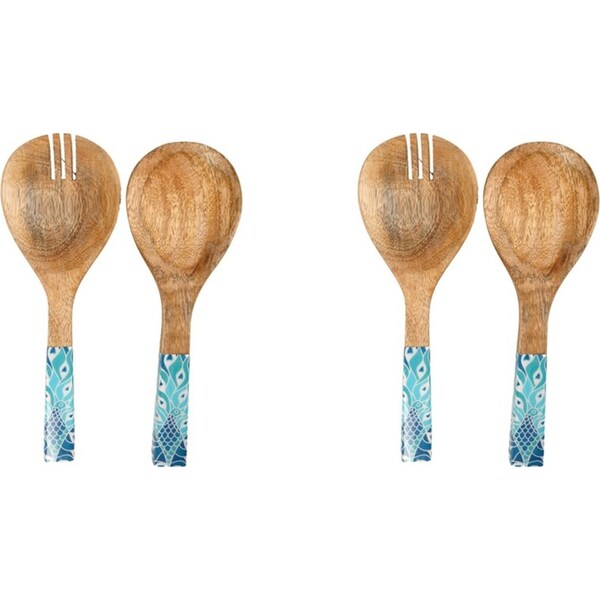 2x 2pc Good Vibes Salad Servers Wood Enamel Detail Peacock Paradise Print 24.5cm