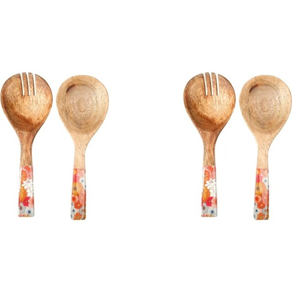 2x 2pc Good Vibes Salad Servers Wood Enamel Detail Retro Summer Print 24.5cm