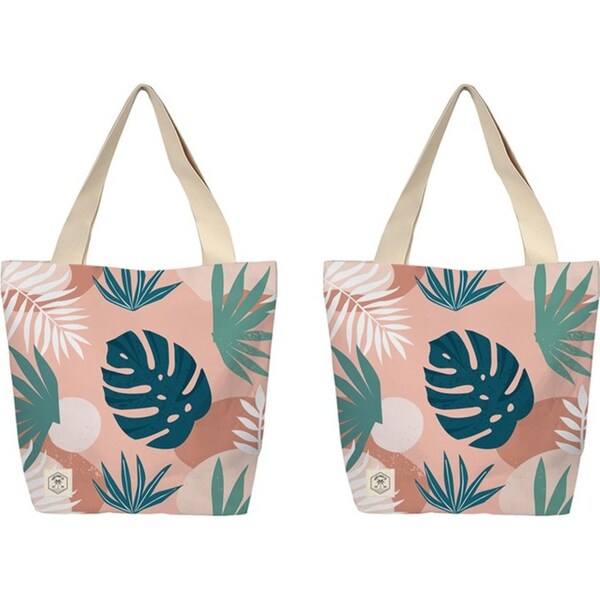 2x Good Vibes Beach Bag W Inner Pocket Zip Closre Blush Palm Print 50x42x15cm