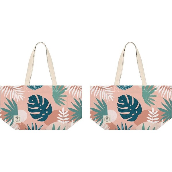 2x Good Vibes Everyday Durable Eco Folding Tote Bag Blush Palm Print 34x38x20cm