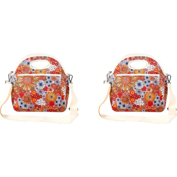 2x Good Vibes Durable Neoprene Portable Lunch Bag 30x30x15cm Retro Summer Print