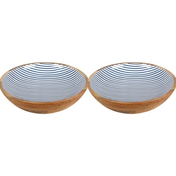 2x Good Vibes Round Salad Bowl Wood Enamel Mediterranean Print Serveware 31.5cm