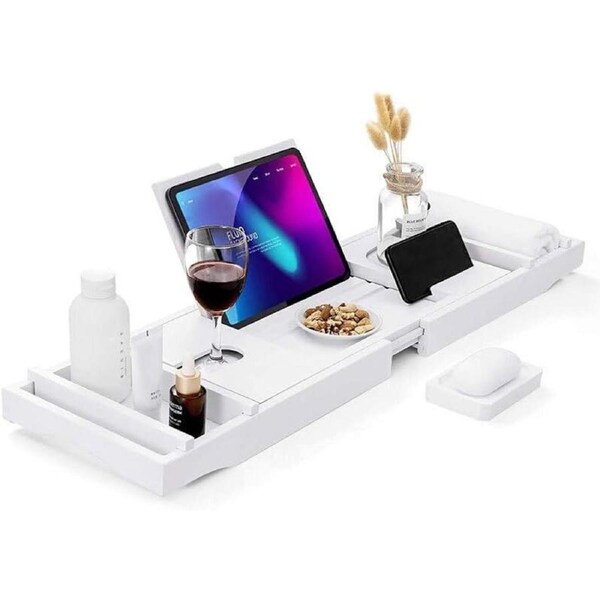 Expandable Bathtub Caddy Tray Bamboo Bath Table Over Tub with Wine & Book Holder