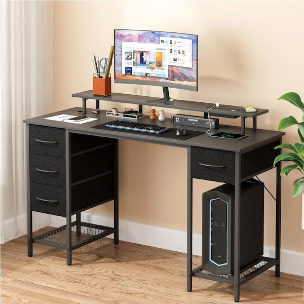 140cm Advwin Computer Desk with Power Outlets Monitor Stand Home Office Workstation with Removable Drawers & LED Lights Black
