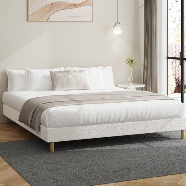 Oikiture Bed Frame King Size Bed Base White Boucle
