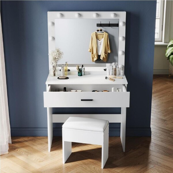 ELEGANT Dressing Table Vanity Set Stool with 12 LED Lamp Beads Jewellery Organizer Cabinet
