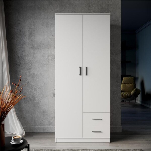 ELEGANT White Wardrobe 2 Doors 2 Drawers Wooden Storage Cabinets 180cm in White