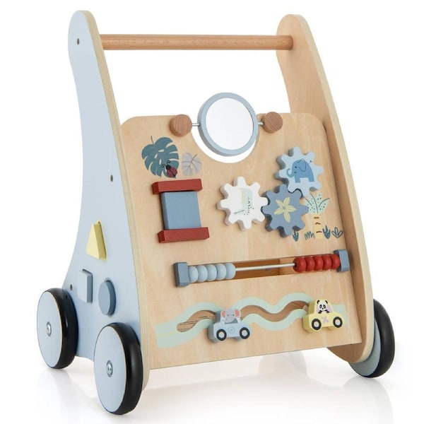 Babyjoy Wooden Baby Walker Kids Activity Toy Toddler Learning & Walking Toy Multiple Activity Center Blue